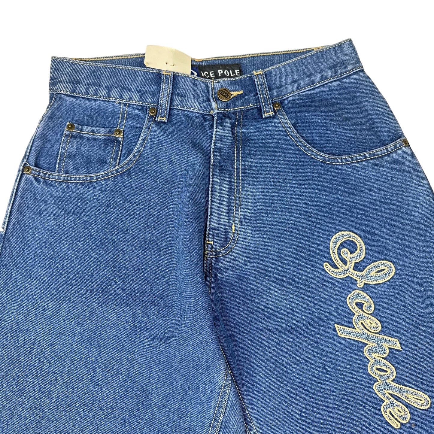 Vintage Y2K Ice Pole Gold Spellout Embroidered Denim Pants