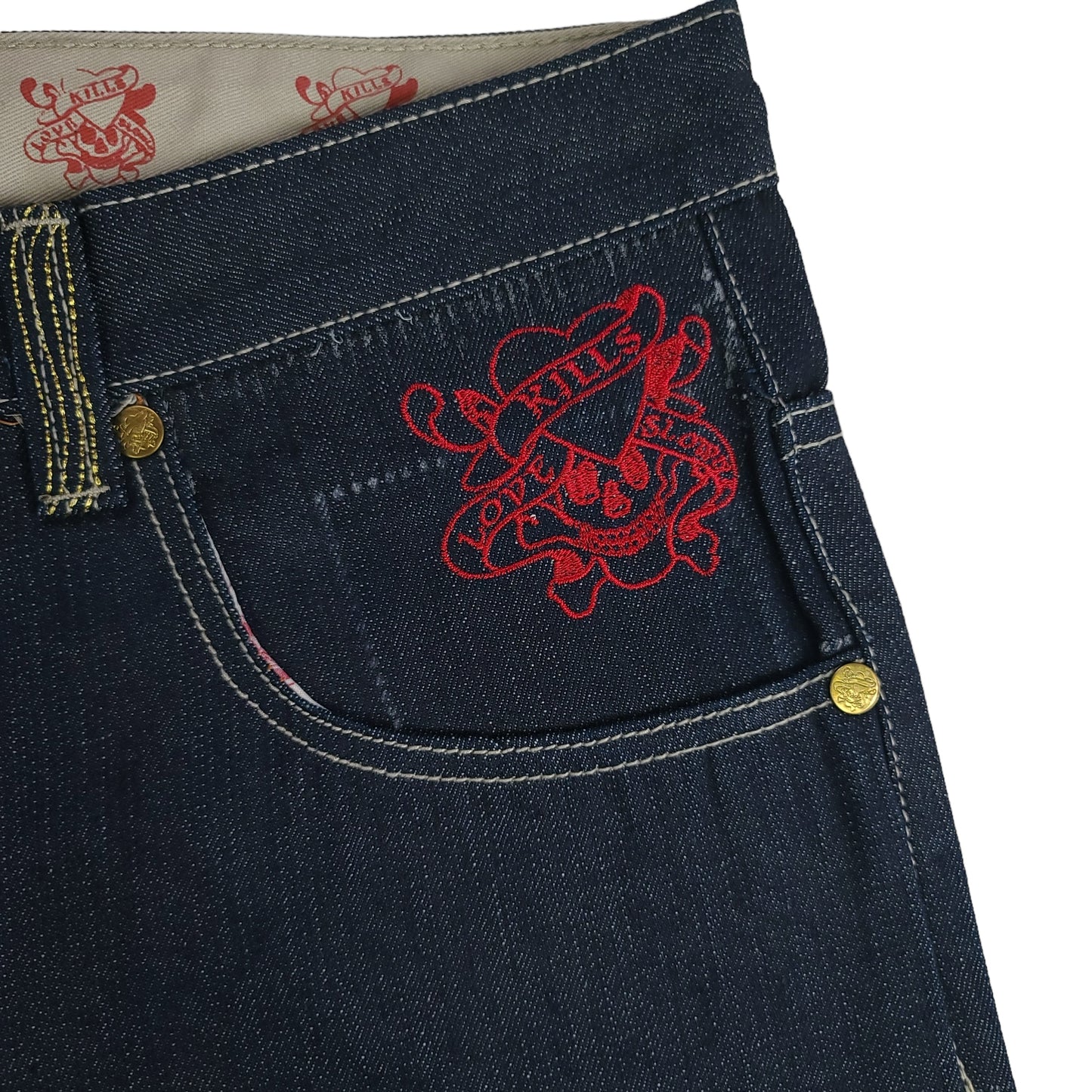 Vintage Y2K Ed Hardy Oni Mask Denim Pants (Unauthorized)