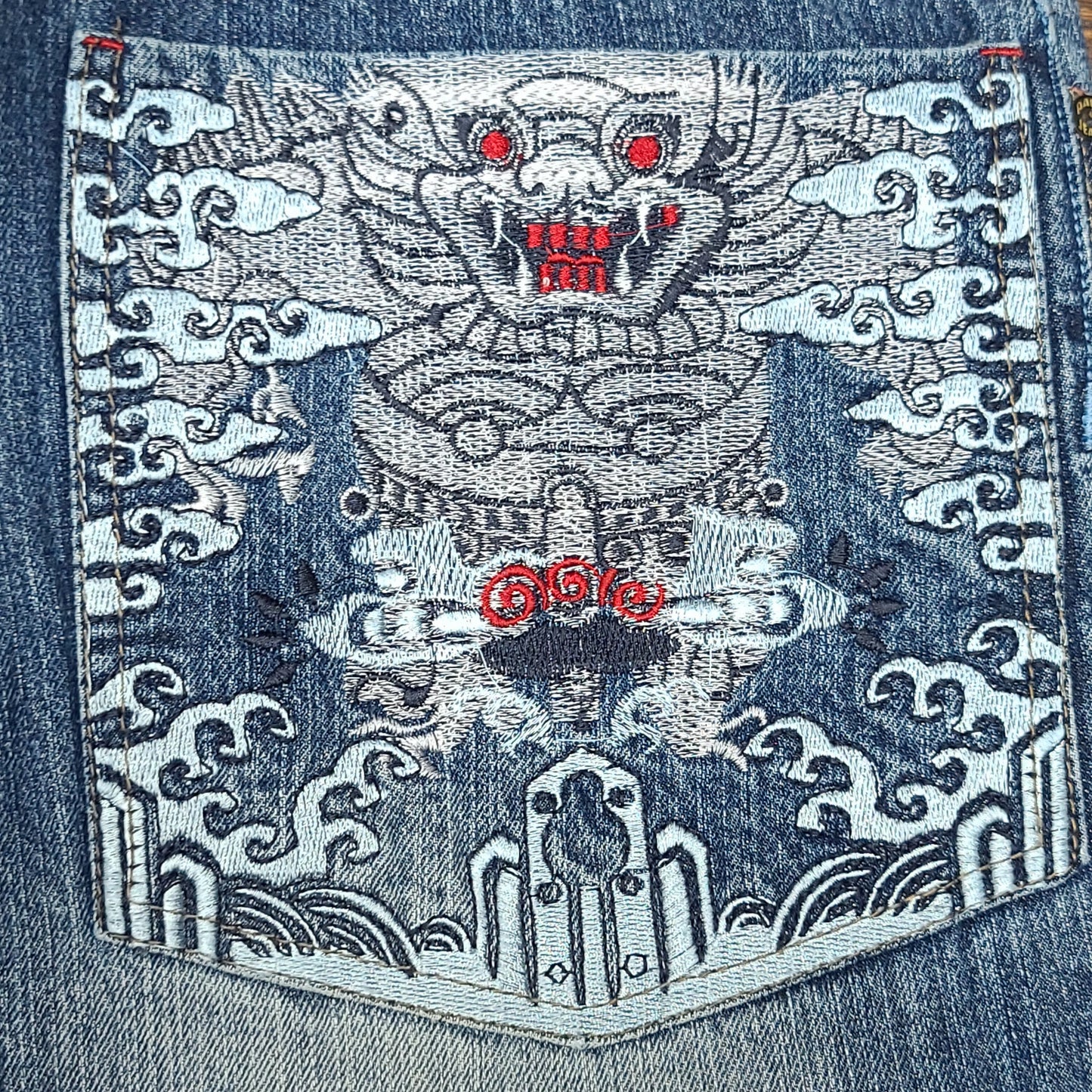 Vintage Y2K Embroidered Dragon Denim Paco Jeans