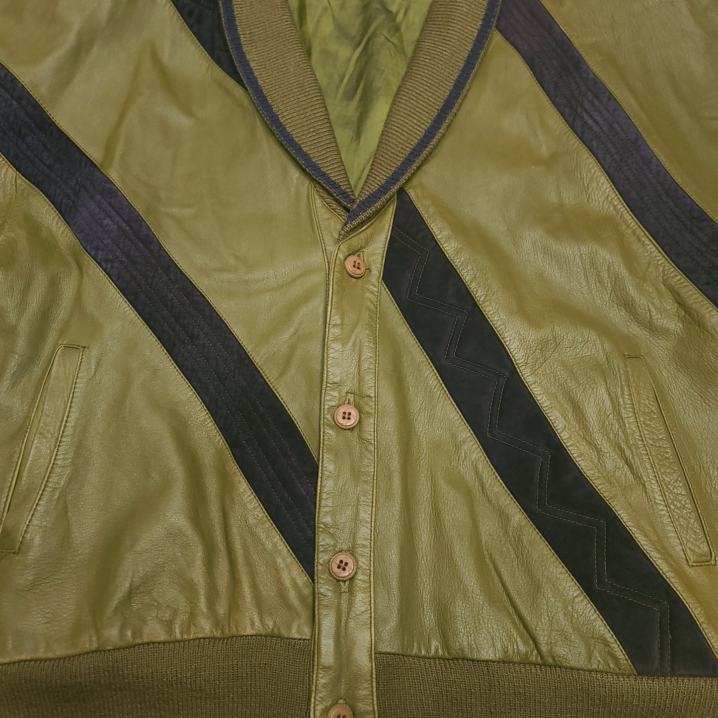 Vintage Olive Green Saxony Coogi Style Leather Button Jacket