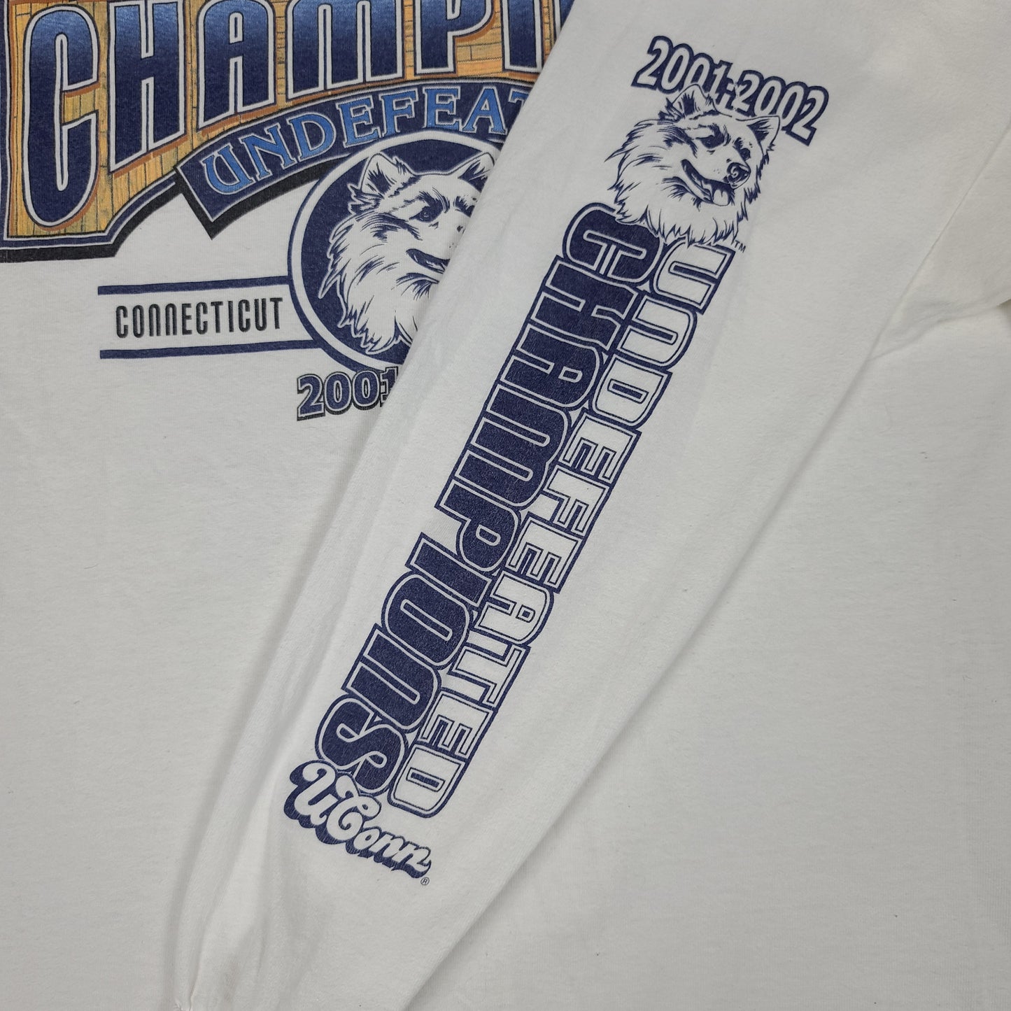 Vintage University of Conneticut Huskies 2002 Champions White Long Sleeve Tee