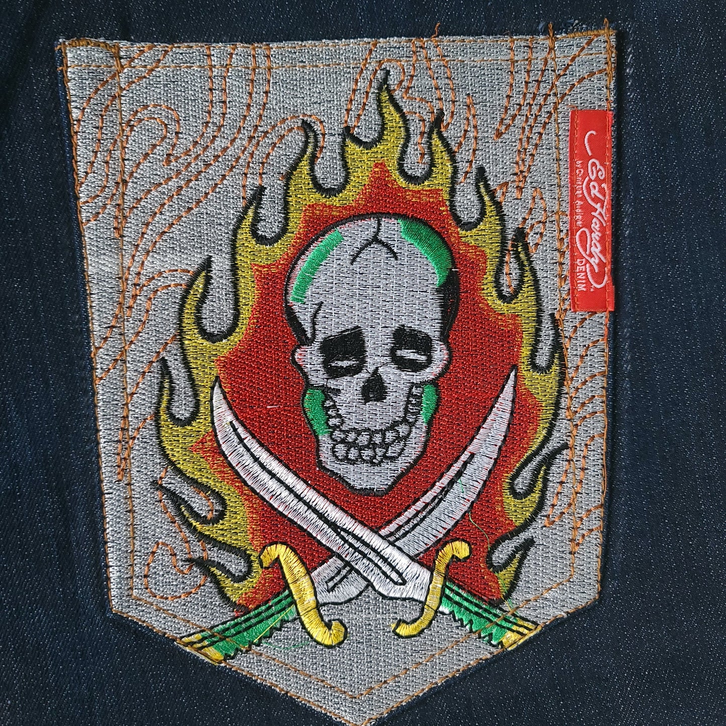 Vintage Y2K Ed Hardy Flaming Skull & Swords Denim Pants (Unauthorized)
