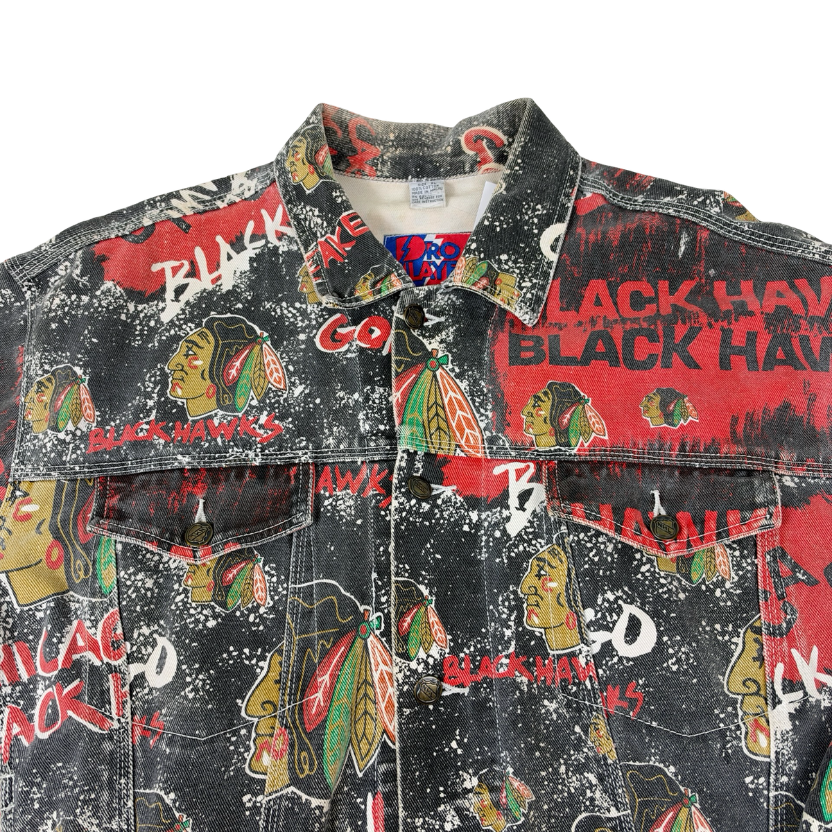 Vintage Chicago Blackhawks Jacket Pro Player Denim All Over Print