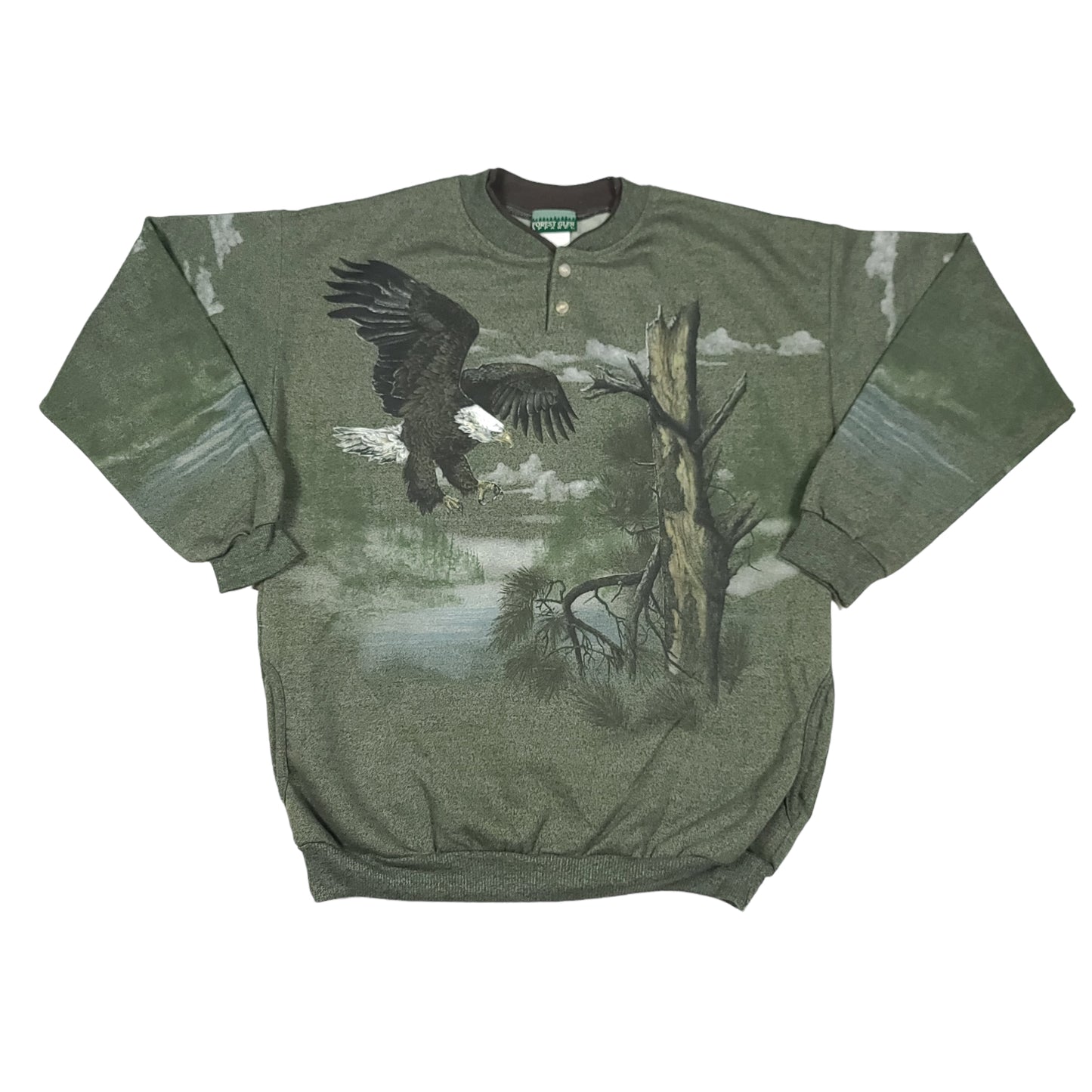 Vintage Bald Eagle Forest Glen Green Button Sweatshirt