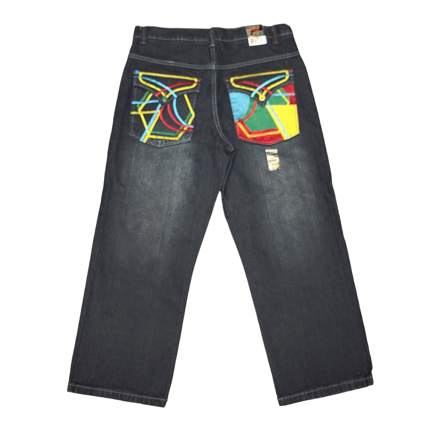 Vintage Y2K Embroidered Rainbow Pocket Black Denim Paco Jeans