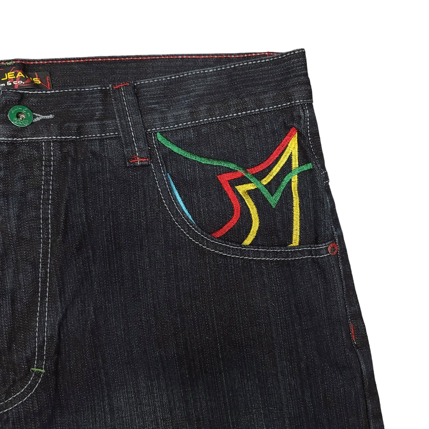 Vintage Y2K Embroidered Rainbow Pocket Black Denim Paco Jeans