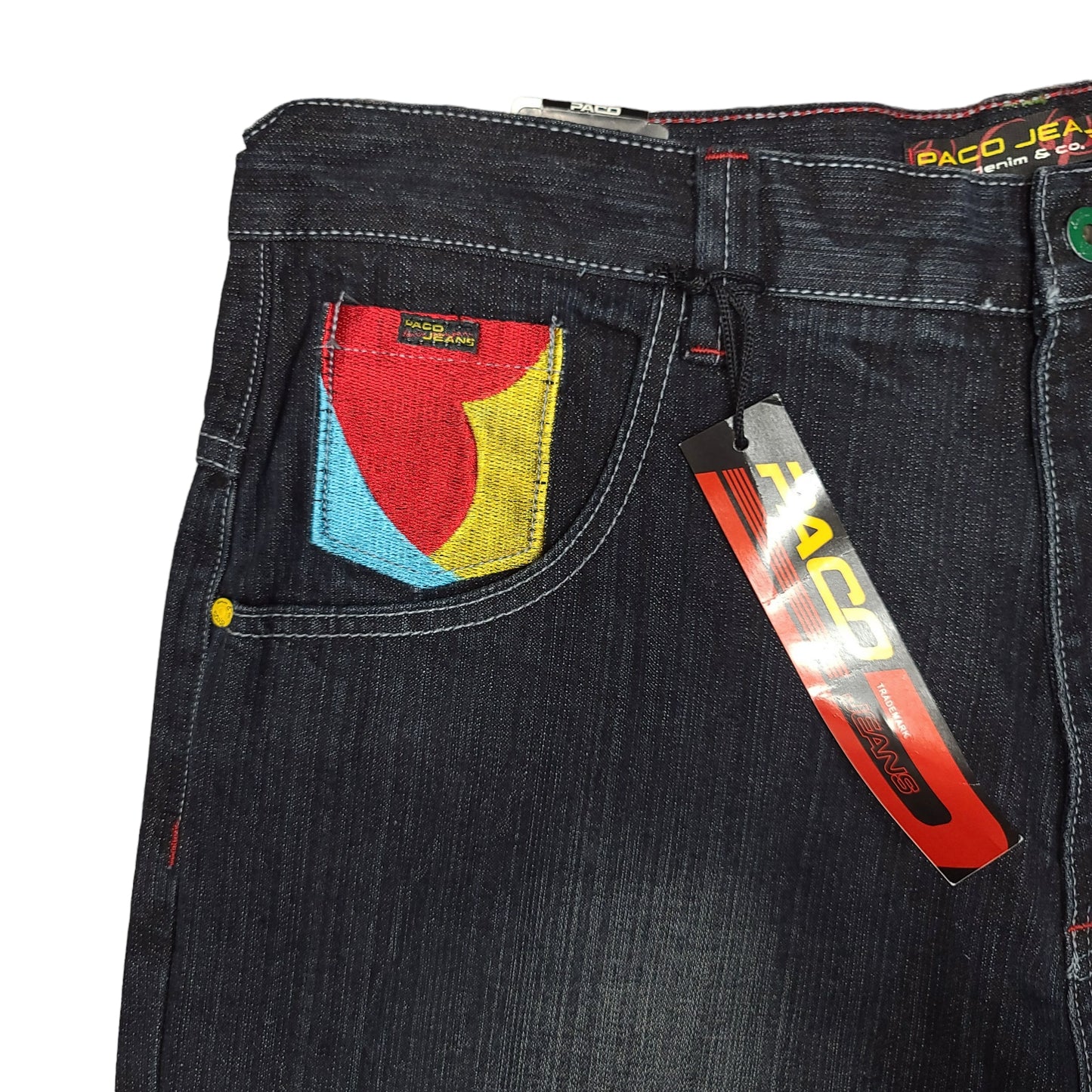 Vintage Y2K Embroidered Rainbow Pocket Black Denim Paco Jeans