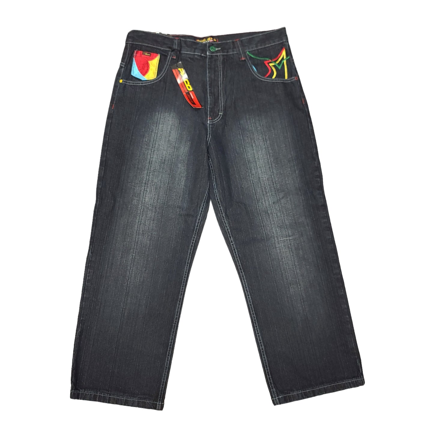 Vintage Y2K Embroidered Rainbow Pocket Black Denim Paco Jeans