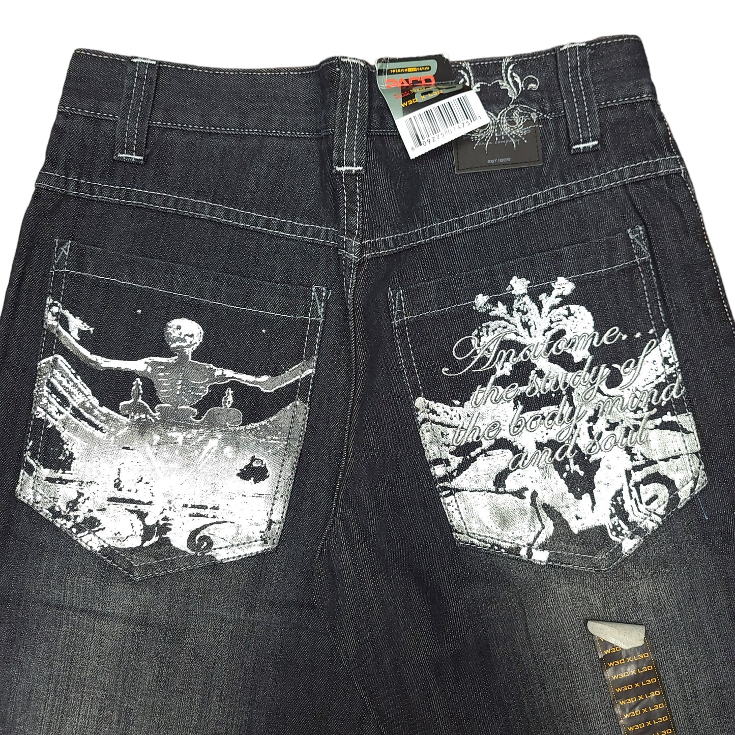 Vintage Y2K Black Skeleton Print Denim Paco Jeans