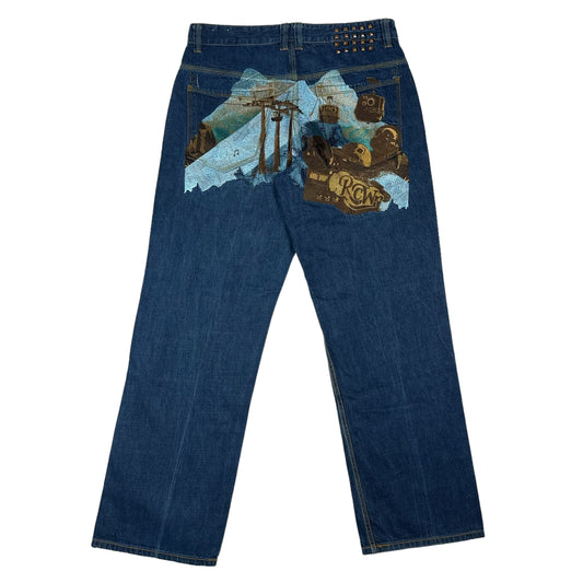 Vintage Y2K Roca Wear Embroidered Mountain Blue Denim Pants