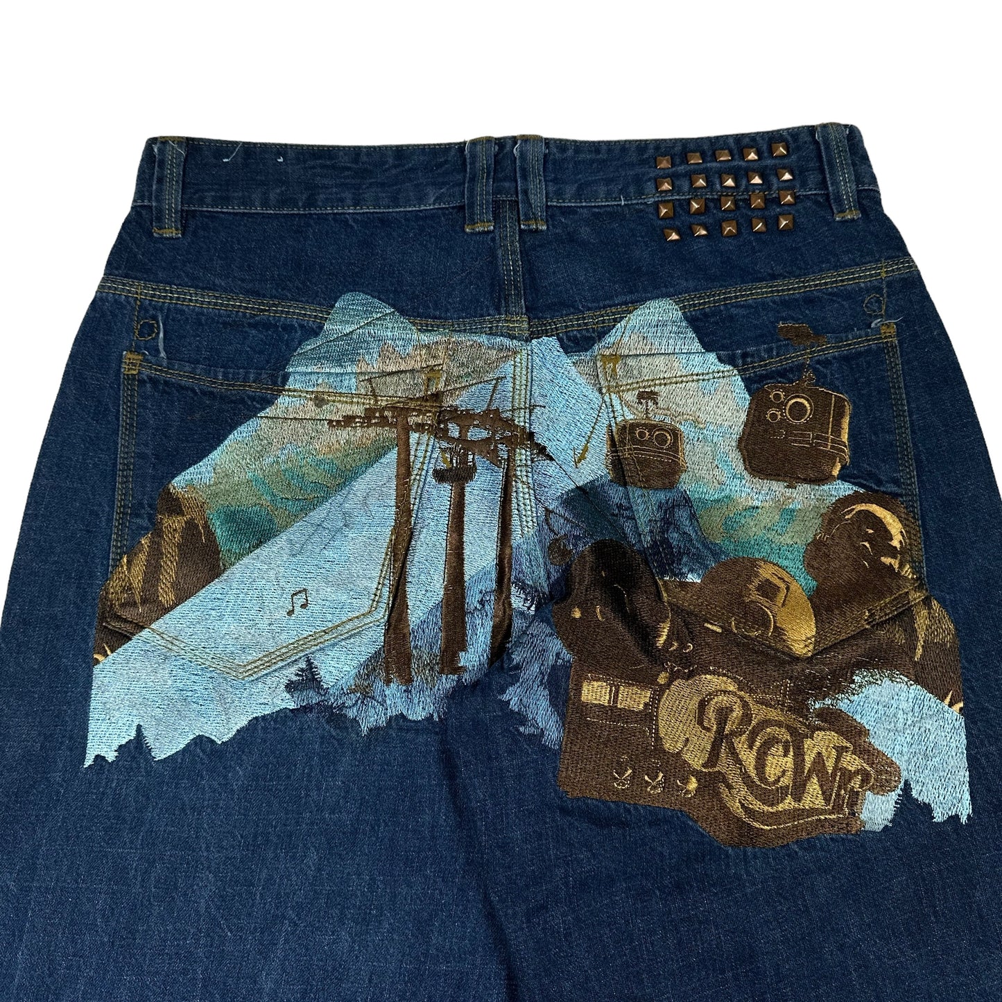 Vintage Y2K Roca Wear Embroidered Mountain Blue Denim Pants