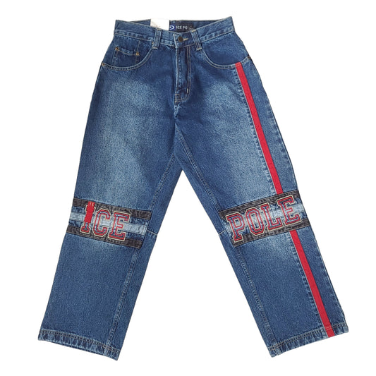 Vintage Y2K Ice Pole Blue Denim Embroidered Knee Pants