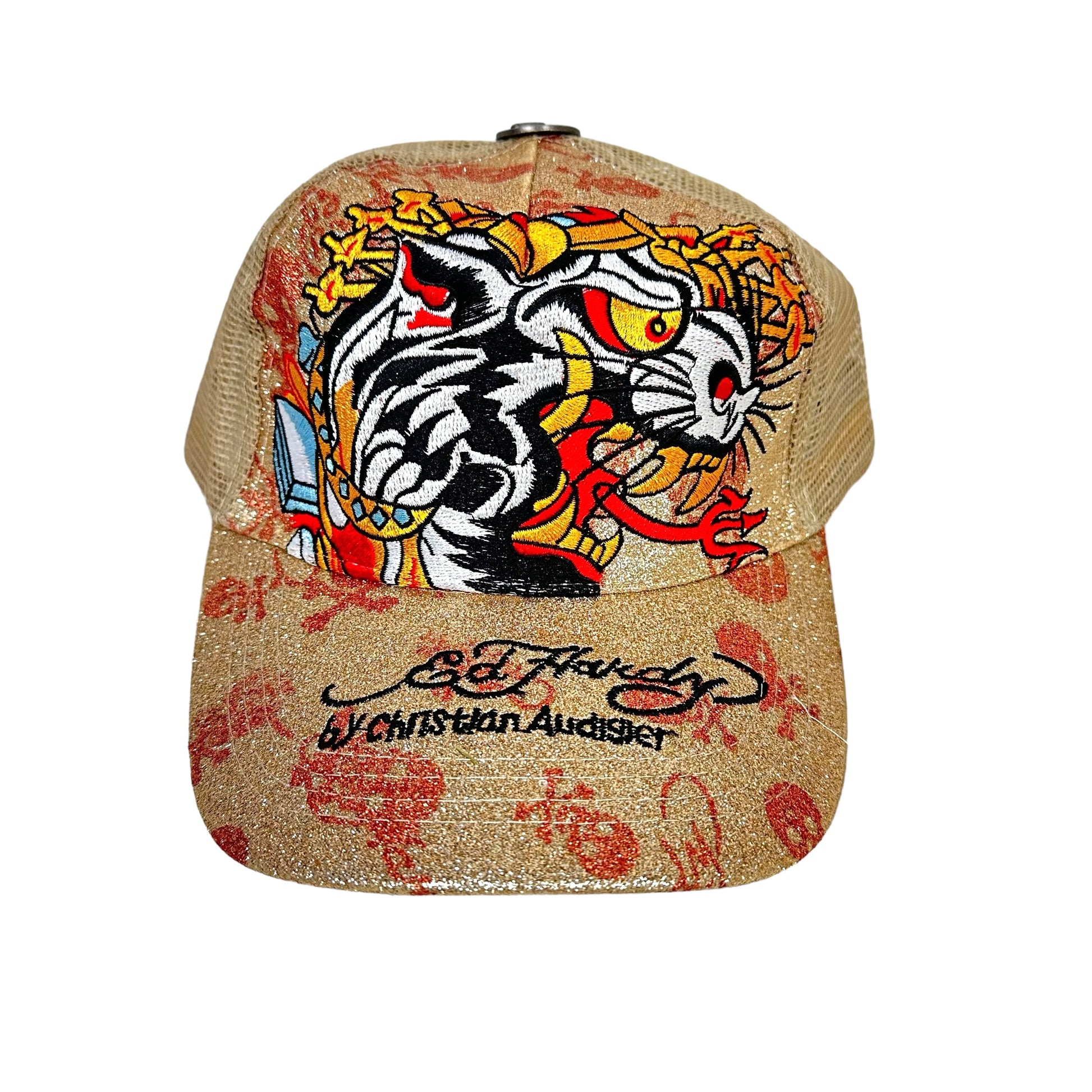 Ed Hardy Trucker Hats | Vintage Tiger Tattoo Design | Gold Hat Front