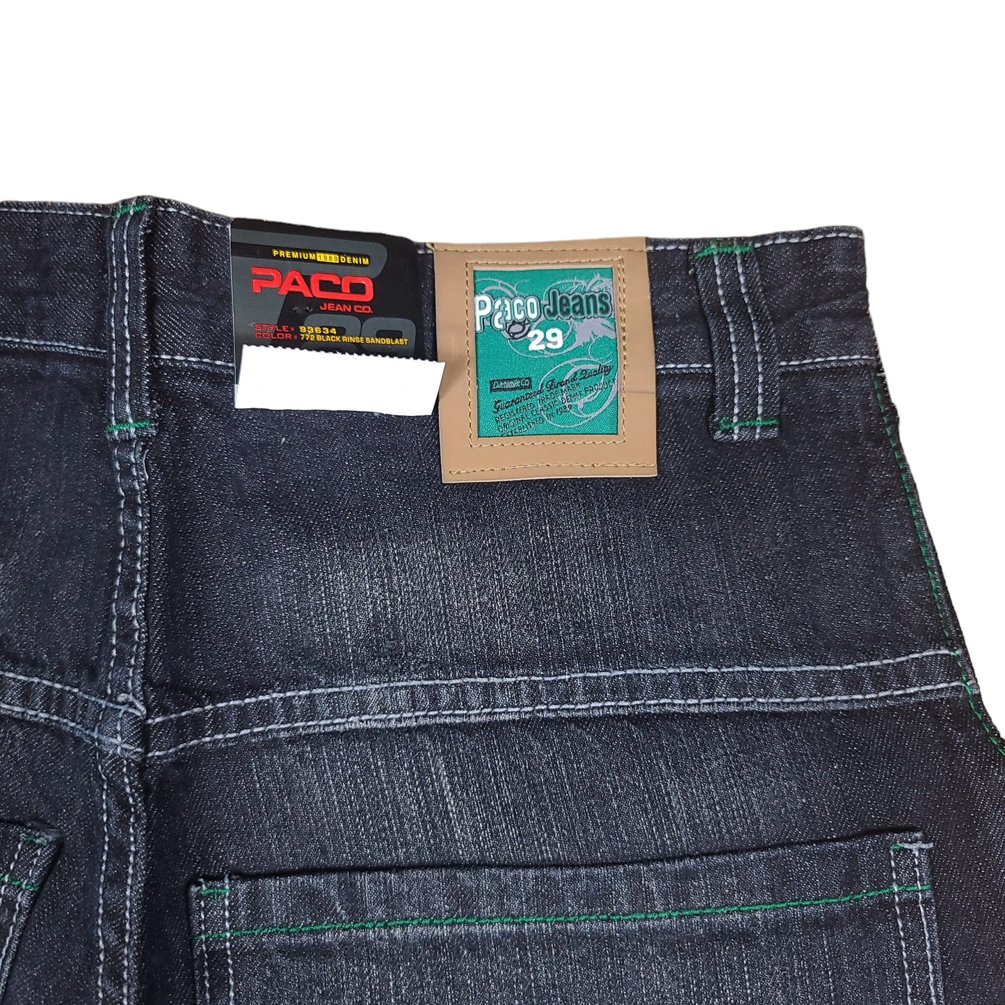 Vintage Y2K Paco Jeans Black Rinse Sandblast Green Embroidered Denim Pants