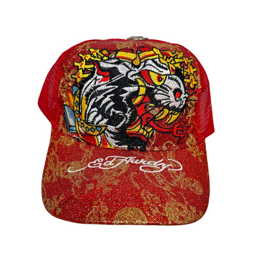 Ed Hardy Trucker Hats | Vintage Tiger Tattoo Design | Red Hat Front