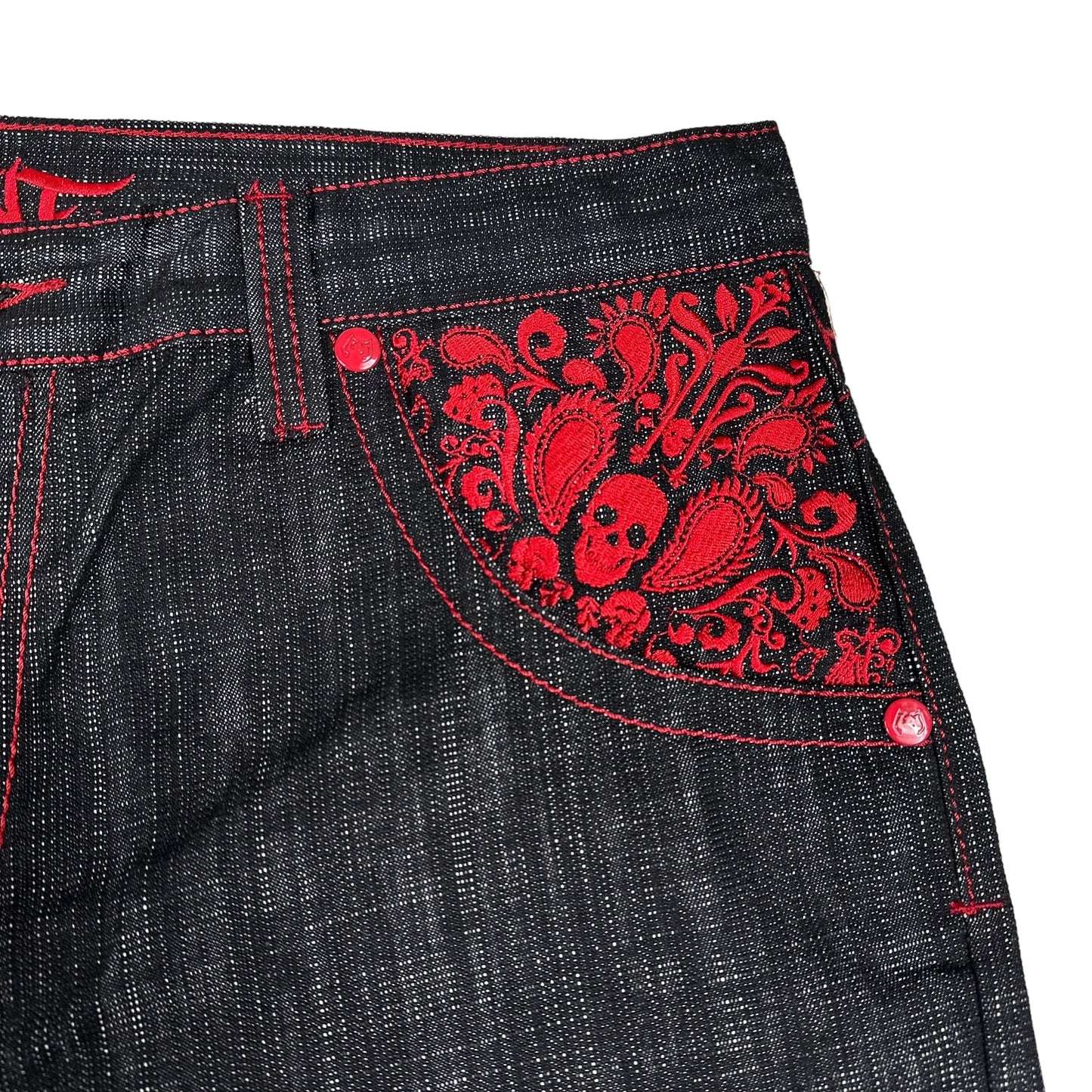 Vintage Y2K Reve Red Paisley Black Denim Shorts
