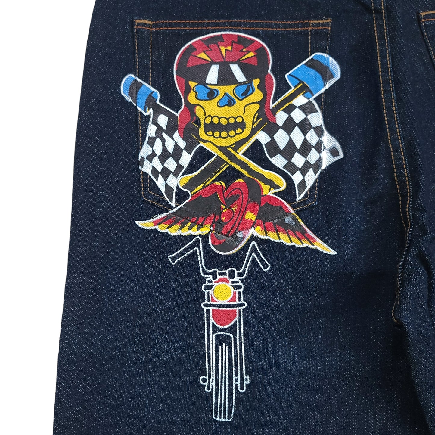 Vintage Y2K Ed Hardy Skeleton Biker Denim Pants (Unauthorized)