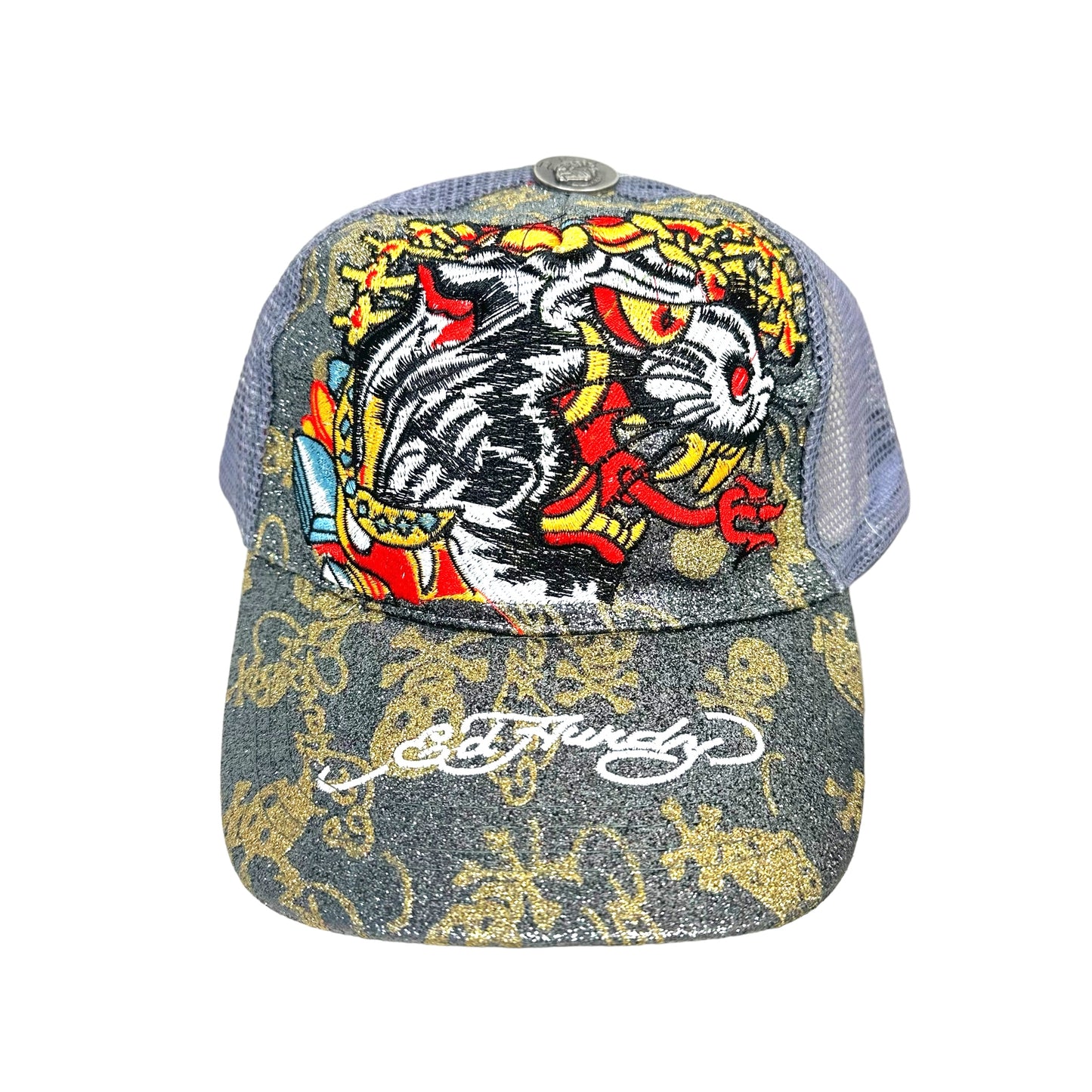 Ed Hardy Trucker Hats | Vintage Tiger Tattoo Design | Silver Hat Front