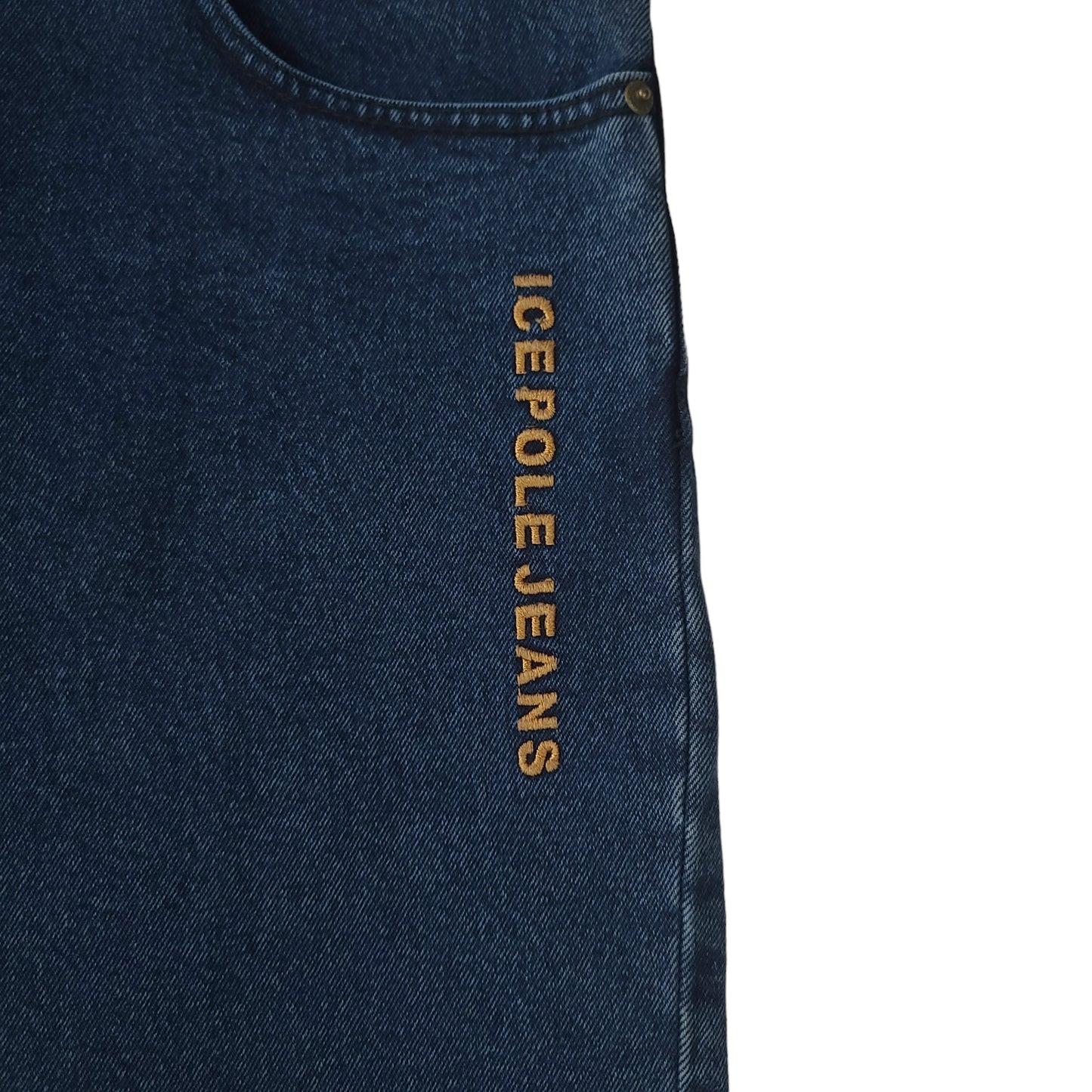 Vintage Y2K Dark Blue Ice Pole Gold Embroidered Denim Pants