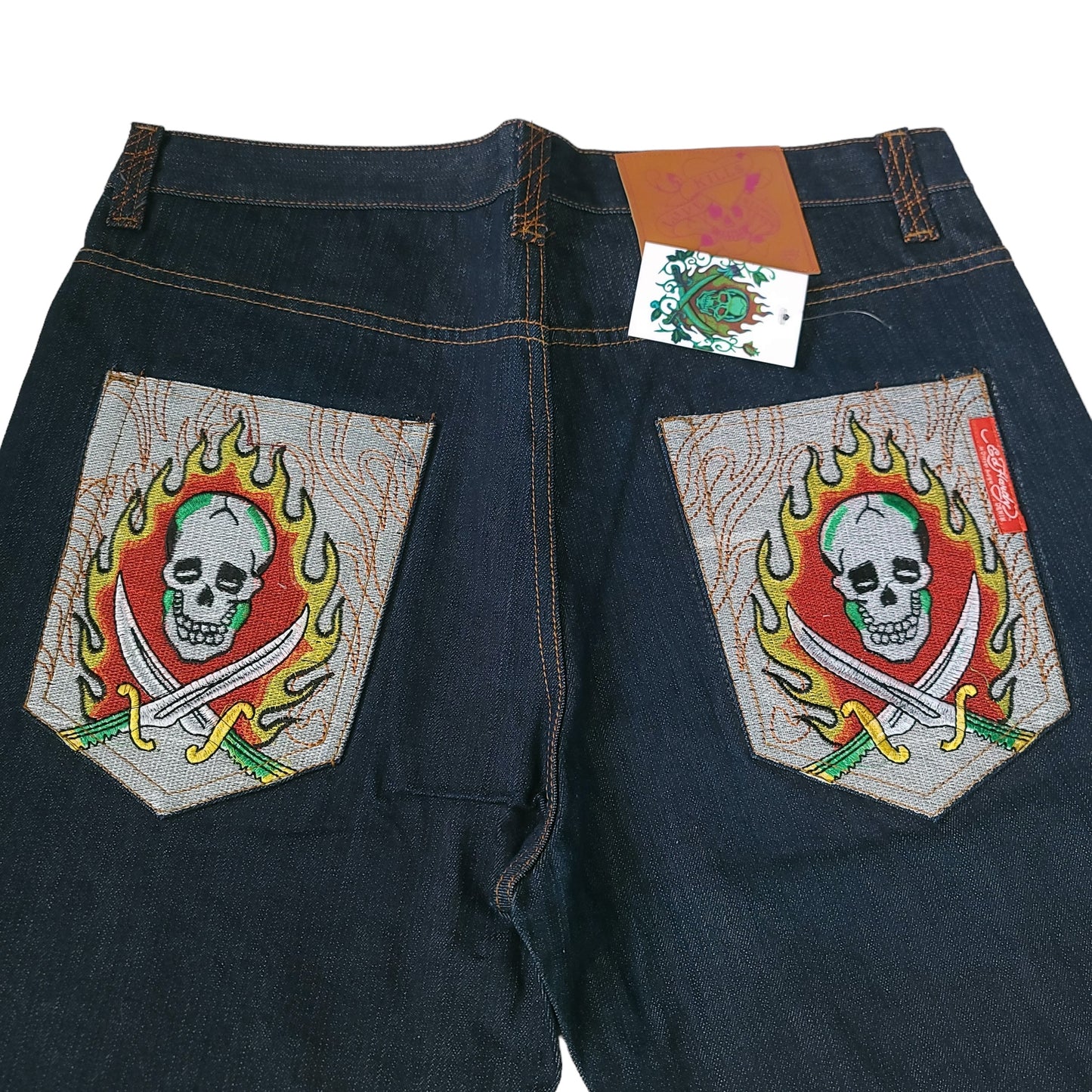 Vintage Y2K Ed Hardy Flaming Skull & Swords Denim Pants (Unauthorized)