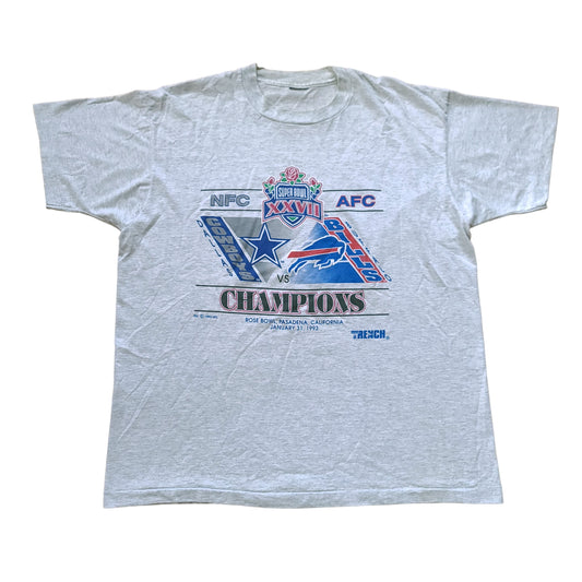 Vintage Dallas Cowboys vs Buffalo Bills Super Bowl XXVII NFL Gray Shirt