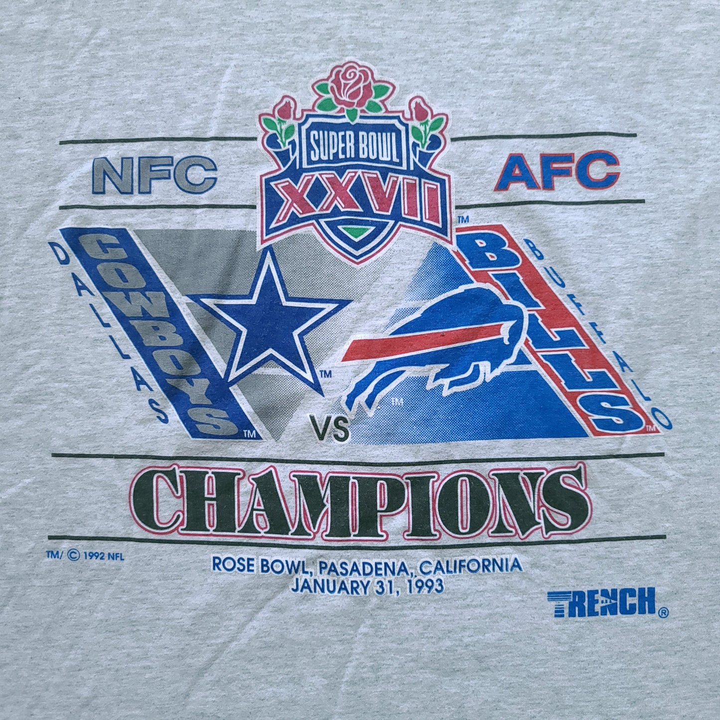 Vintage Dallas Cowboys vs Buffalo Bills Super Bowl XXVII NFL Gray Shirt