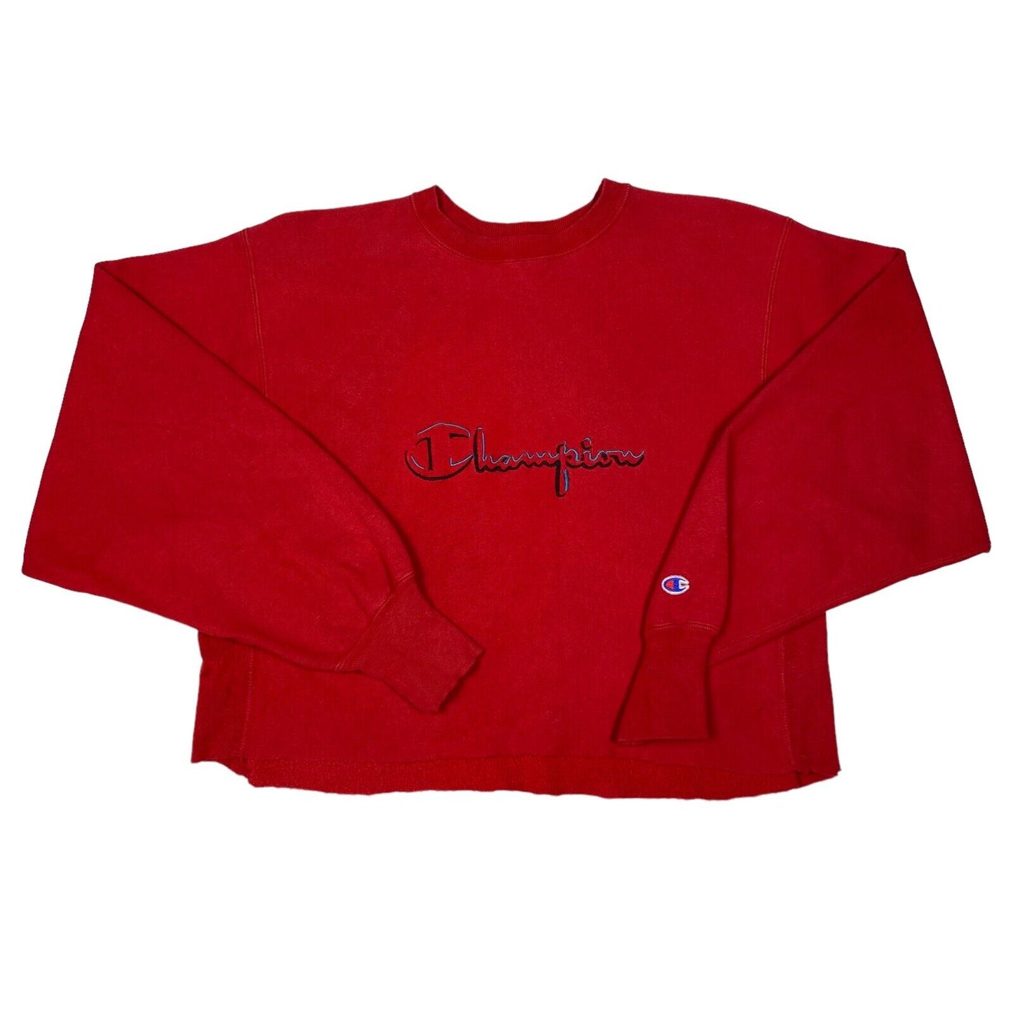 Vintage Champion Reverse Weave Red Embroidered Spell Out Cropped Sweatshirt
